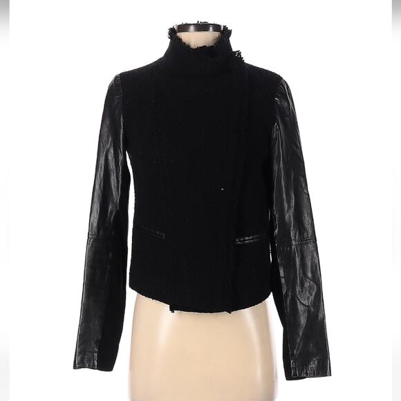 XS Vince black tweed & faux leather wool blend moto jacket with pockets - Picture 4 of 9